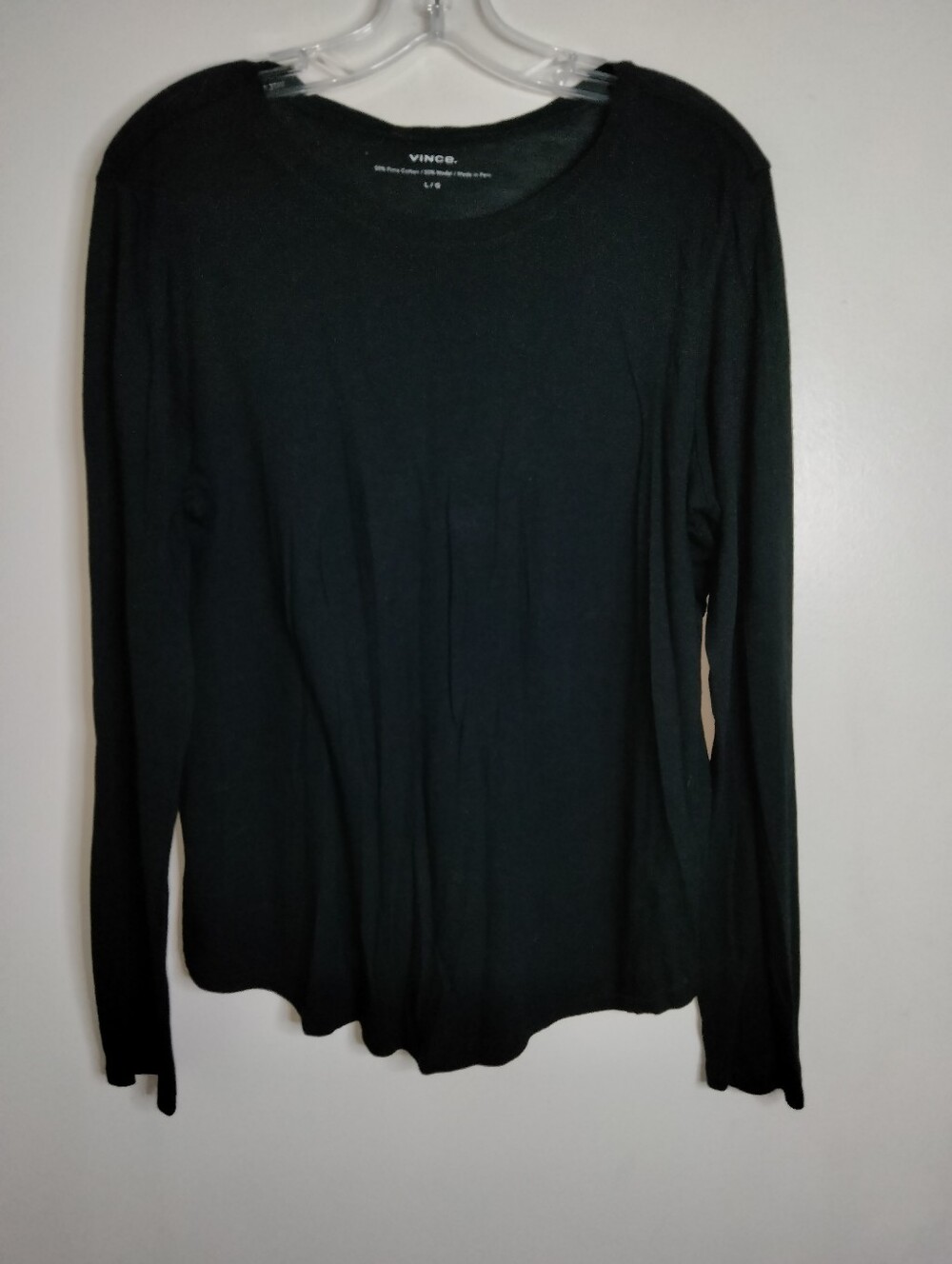 Vince (Size L) Classic Black Pima Cotton Blend Round Neckline LS Basic Layer Tee